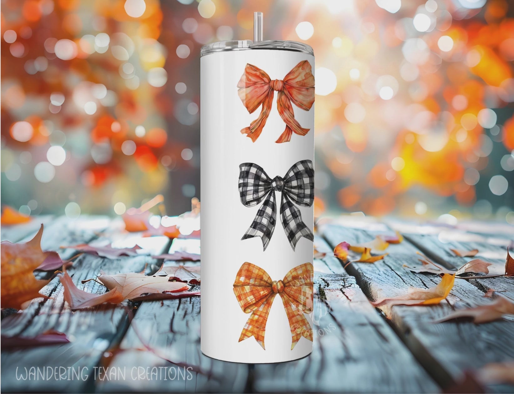 The quirky design of orange and black bows, with a touch of plaid, will add some fun to your daily tumbler routine.