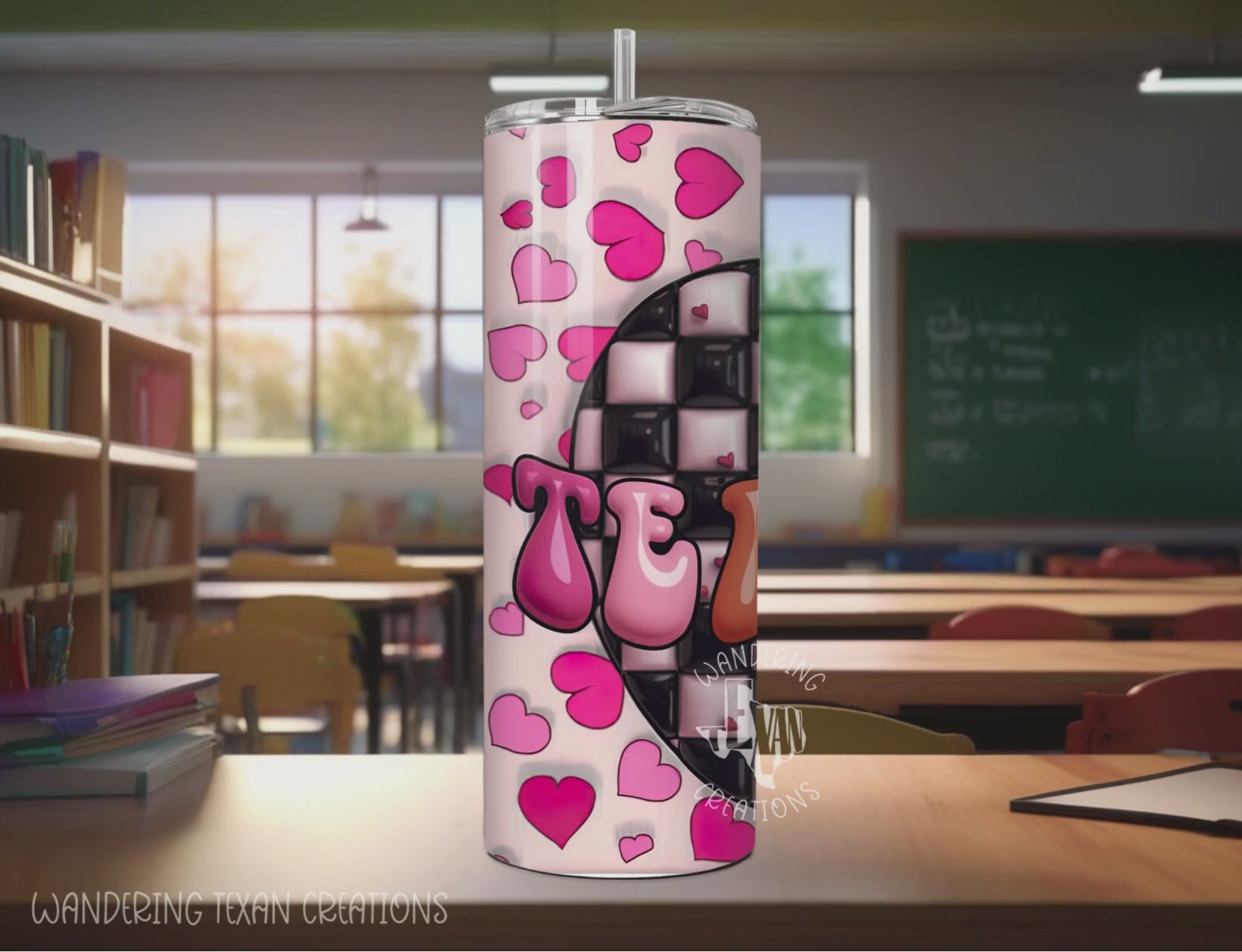 This 20 oz stainless steel, double wall tumbler comes in options with or without a handle. The sublimation design features a 3D checkered apple with the word "Teacher" and hearts in the background.