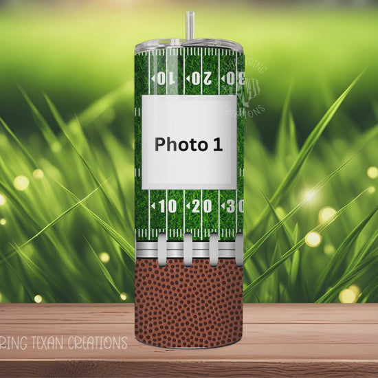 This 20 oz tumbler features a unique football field and football design, with the option to add your personal touch by customizing with 3 photos.