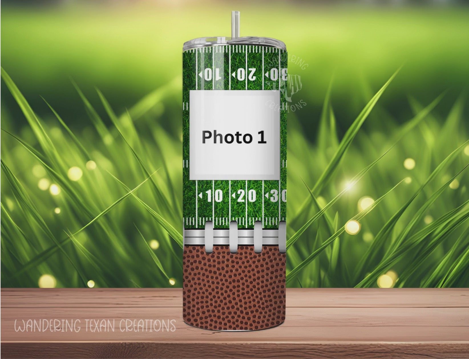 This 20 oz tumbler features a unique football field and football design, with the option to add your personal touch by customizing with 3 photos.