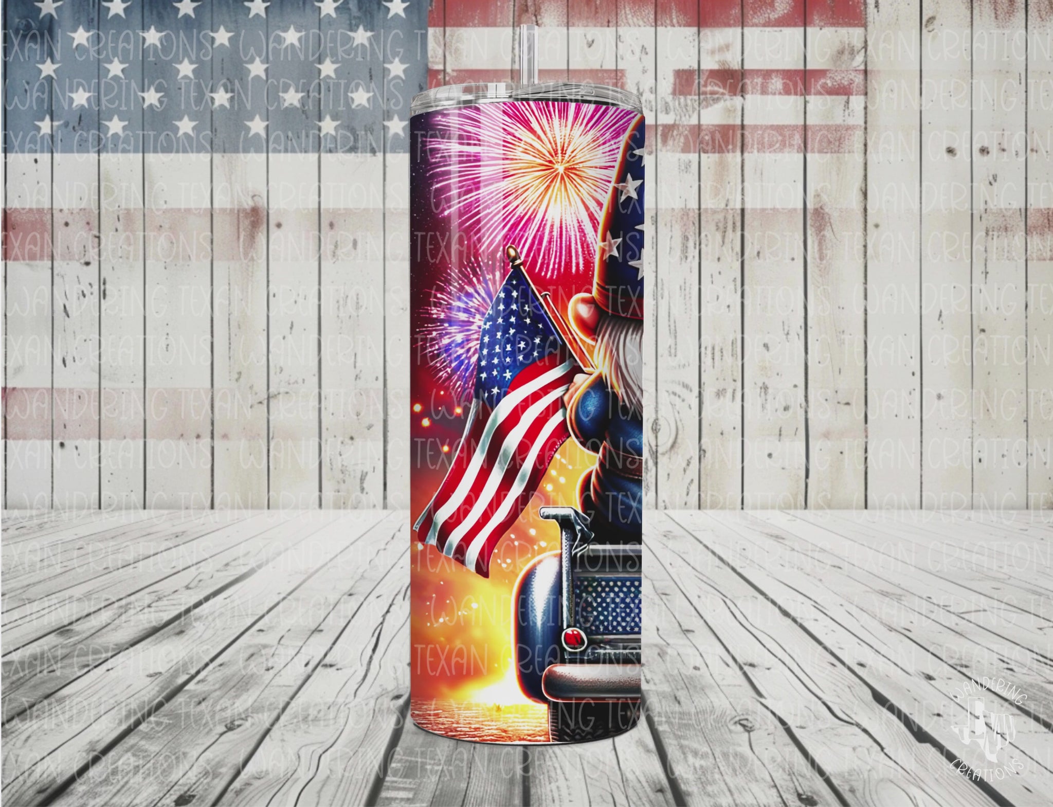 Stay hydrated with this patriotic tumbler featuring a gnome couple watching fireworks from the back of a truck. 