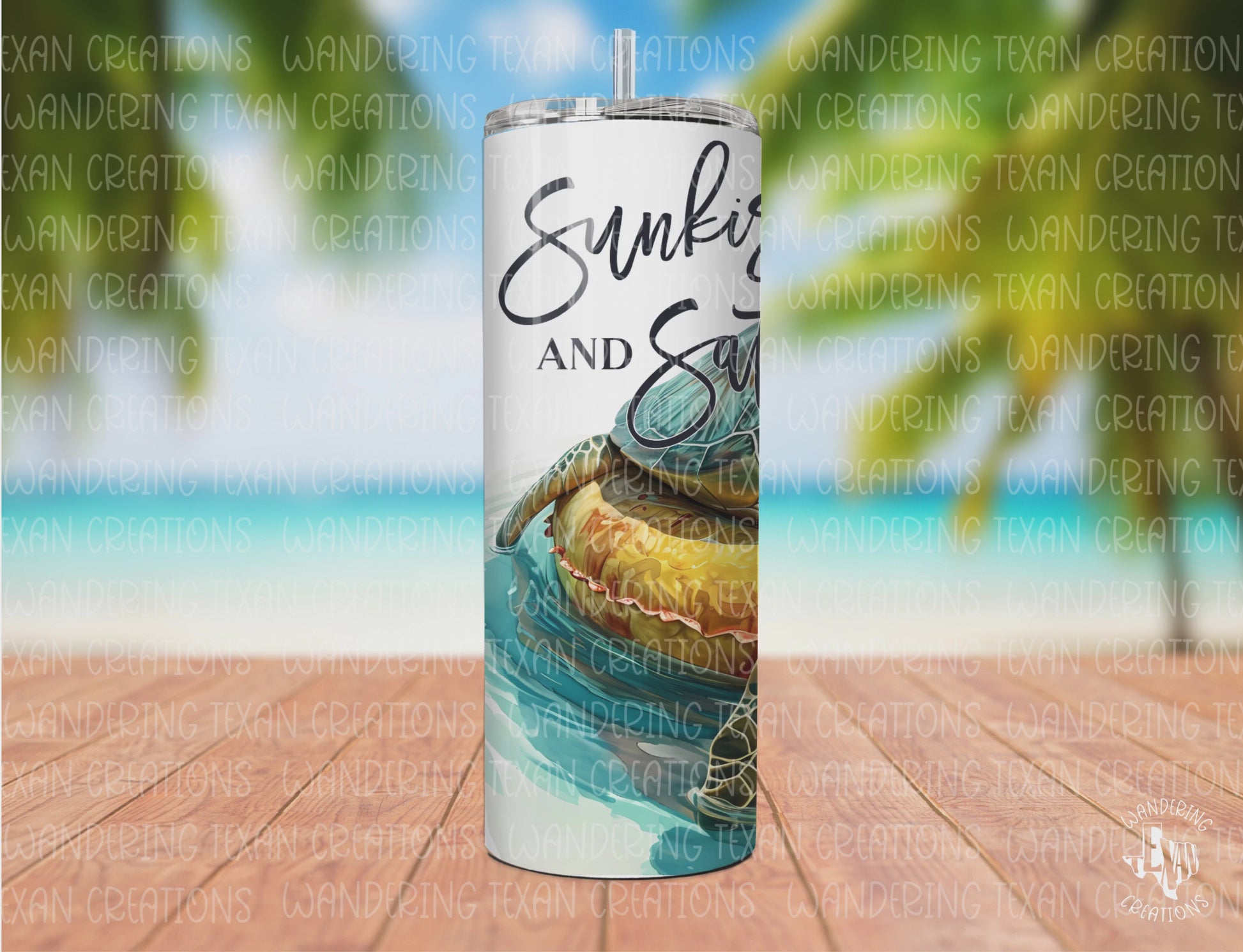 Sip in the "chill zone" with this sea turtle-themed tumbler! The sublimation design features a turtle relaxing on a floatie donning a hat and sunglasses. Plus, the playful phrase "Sunkissed and salty" adds a touch of summer fun.