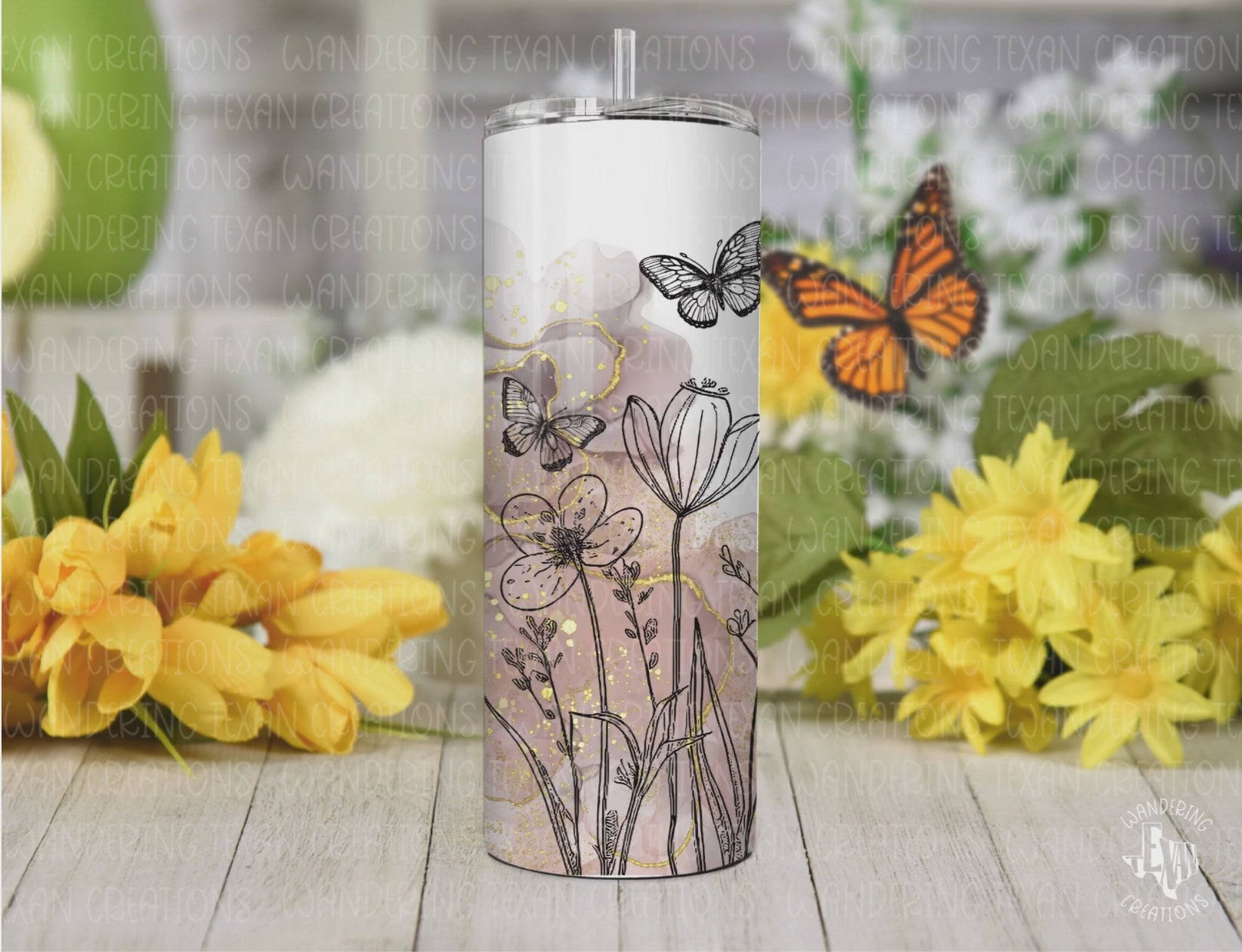 Jazz up your beverage game with our Boho Butterfly Garden Tumbler! With its rose gold and gold background, this tumbler features a boho-style line-drawn flower garden, complete with fluttering butterflies. 