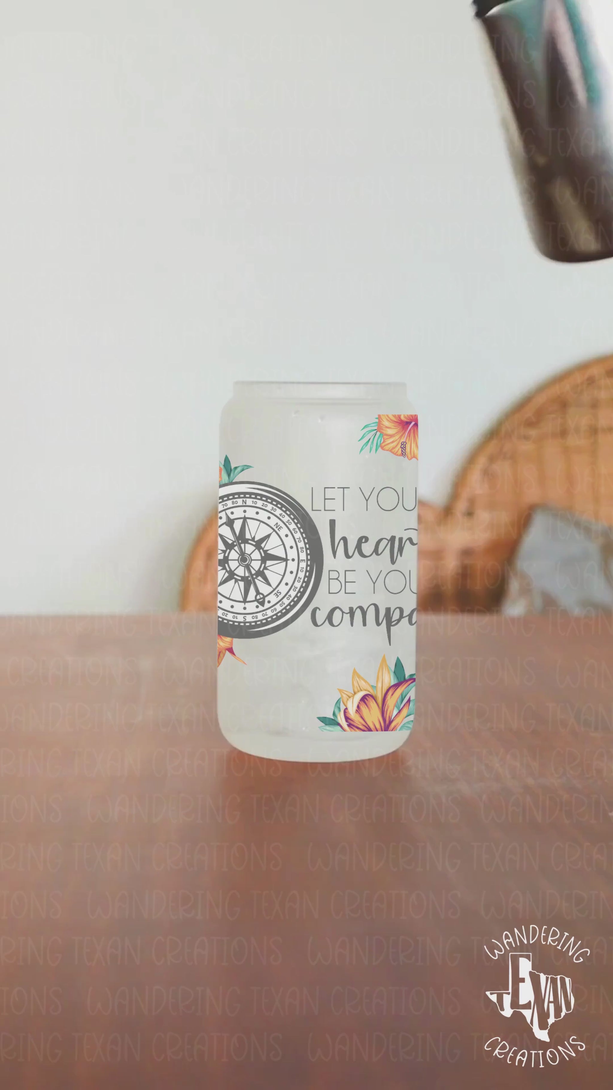 Let your heart guide you on your summer adventures with our Tropical Wanderlust Glass Tumbler. Featuring a sublimation design of a compass and floral pattern, this tumbler will inspire you to follow your heart.