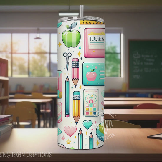 Perfect for on-the-go teachers, this 20 oz skinny tumbler keeps your drinks at the perfect temperature all day long. With a unique sublimation design featuring all the school essentials and a playful blackboard "teacher" center, you'll be the envy of the classroom!