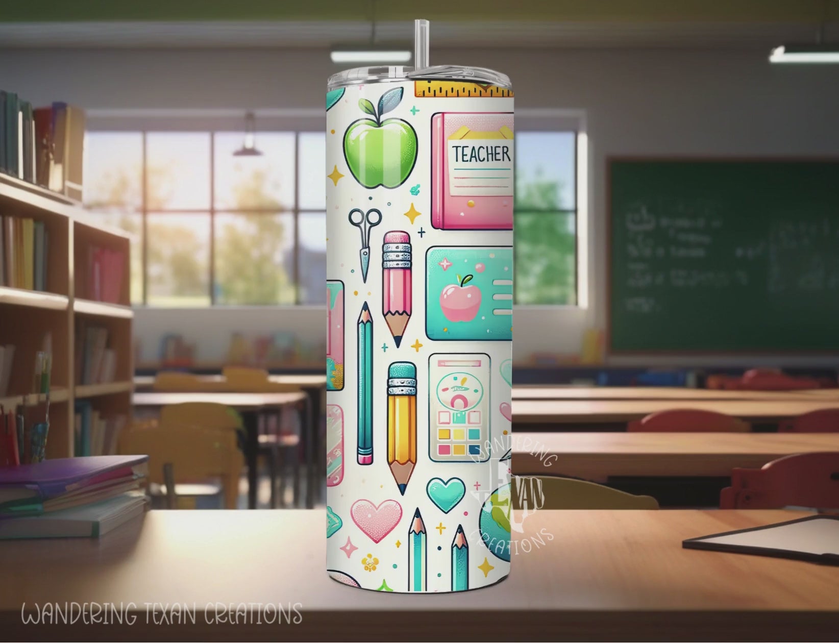 Perfect for on-the-go teachers, this 20 oz skinny tumbler keeps your drinks at the perfect temperature all day long. With a unique sublimation design featuring all the school essentials and a playful blackboard "teacher" center, you'll be the envy of the classroom!