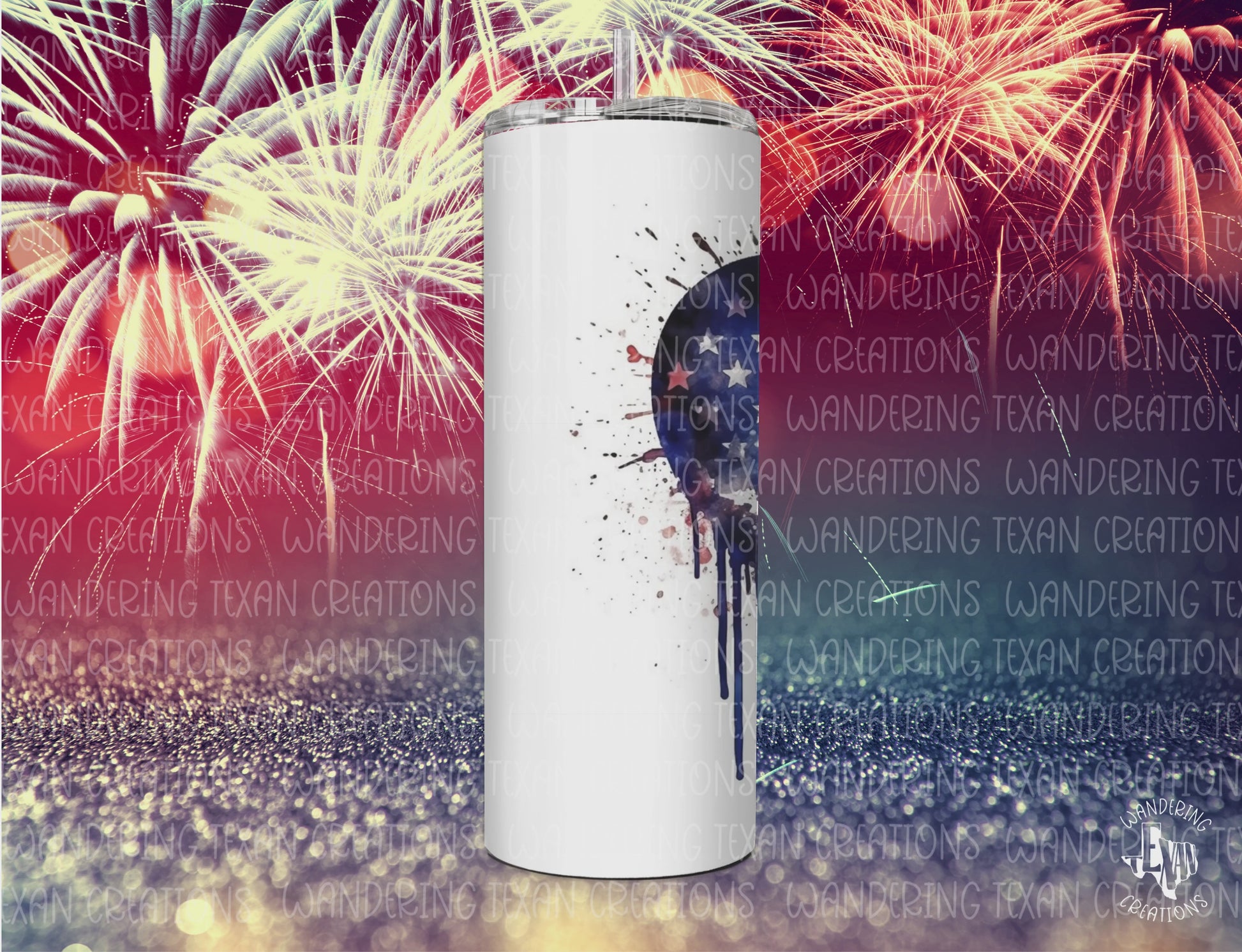 This tumbler is perfect for sipping on Independence Day, featuring a US flag within a paint-splattered heart.