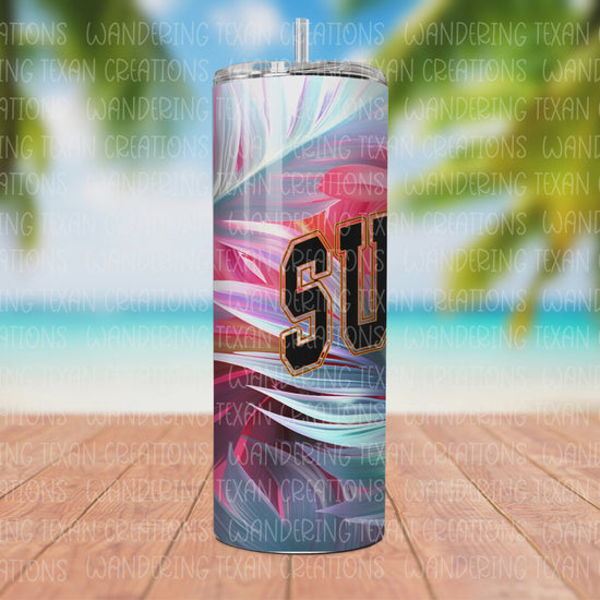  The eye-catching sublimation design features neon palm leaves, adding a tropical touch to your sipping experience. 