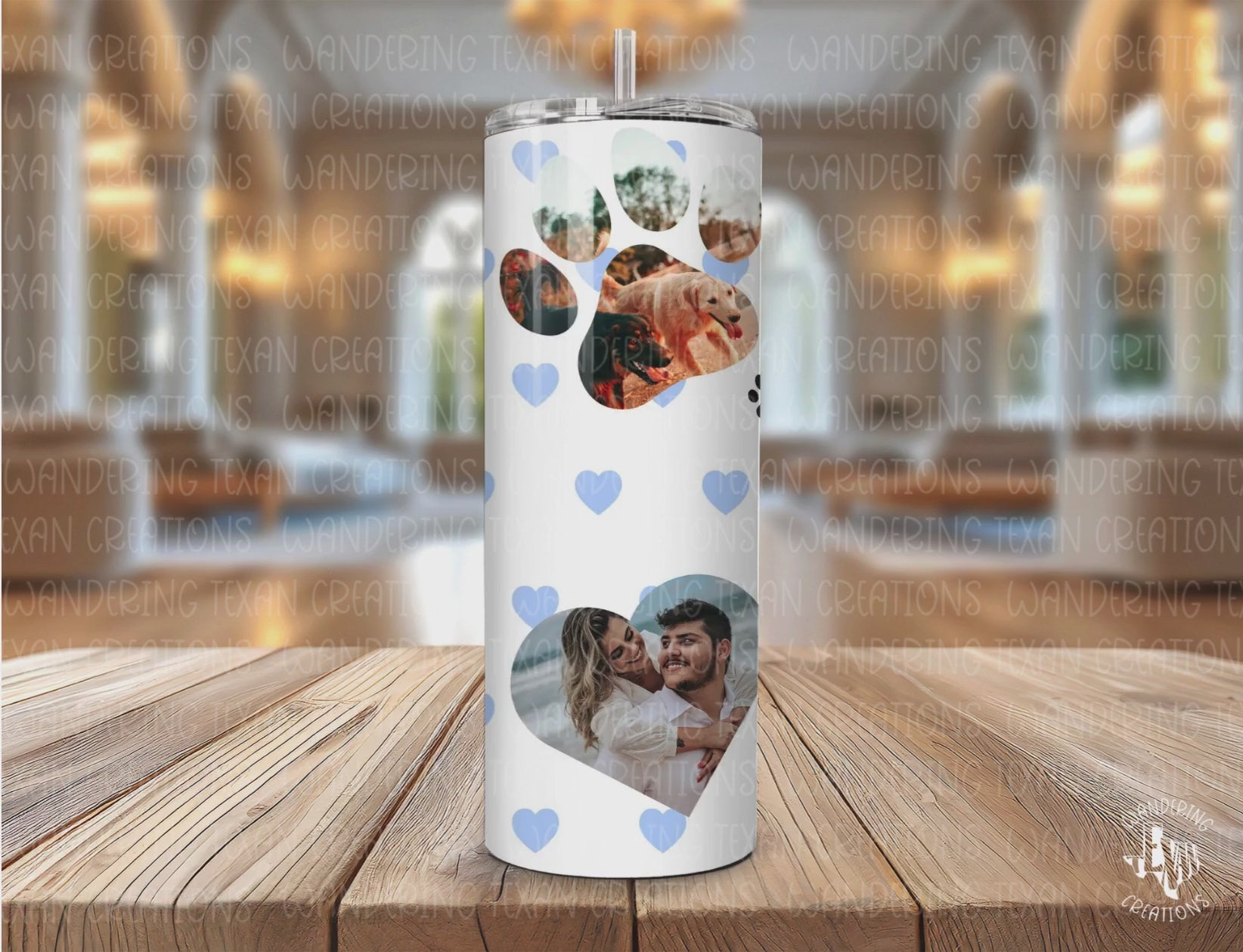 Choose from 3 phrase options and 5 background choices to make it uniquely yours. Plus, personalize it with 4 pictures - 2 of you and your spouse, and 2 of your beloved fur babies.