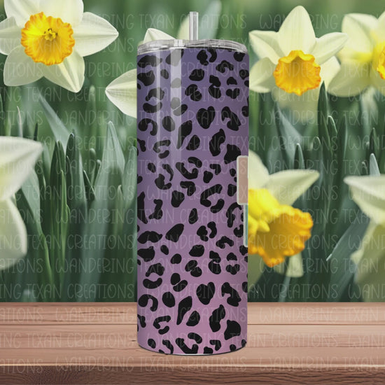 This purple-to-pink ombre tumbler features a fun leopard print and the playful phrase "Coffee, Leggings, Leopard, Done".