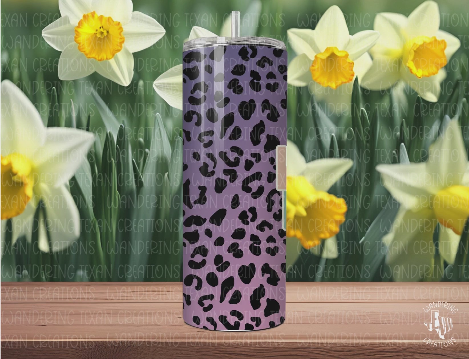 This purple-to-pink ombre tumbler features a fun leopard print and the playful phrase "Coffee, Leggings, Leopard, Done".