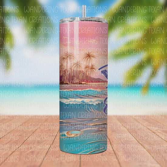 This tumbler features a vibrant sublimation design of a pastel beachfront and the inspiring phrase "saltwater heals everything".