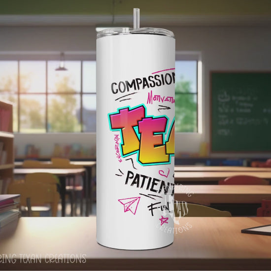 This 30 oz stainless steel, double-wall tumbler features a vibrant sublimation design. The graffiti wall design has a center, main tag of "Teacher" which adds a fun touch to your daily routine.