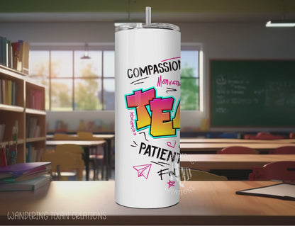 This 30 oz stainless steel, double-wall tumbler features a vibrant sublimation design. The graffiti wall design has a center, main tag of "Teacher" which adds a fun touch to your daily routine.