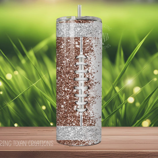 Enjoy 20 oz of your favorite drink in style with a faux glitter football design and unique spin on the word Mom.