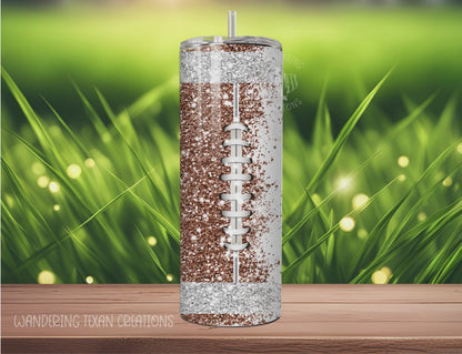 Enjoy 20 oz of your favorite drink in style with a faux glitter football design and unique spin on the word Mom.