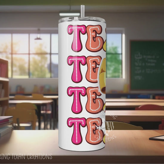 This 30 oz skinny tumbler is perfect for your daily dose of caffeine. Featuring a double-wall stainless steel design and a fun sublimation Teacher print with a pencil bow, it's the perfect gift for your favorite educator.