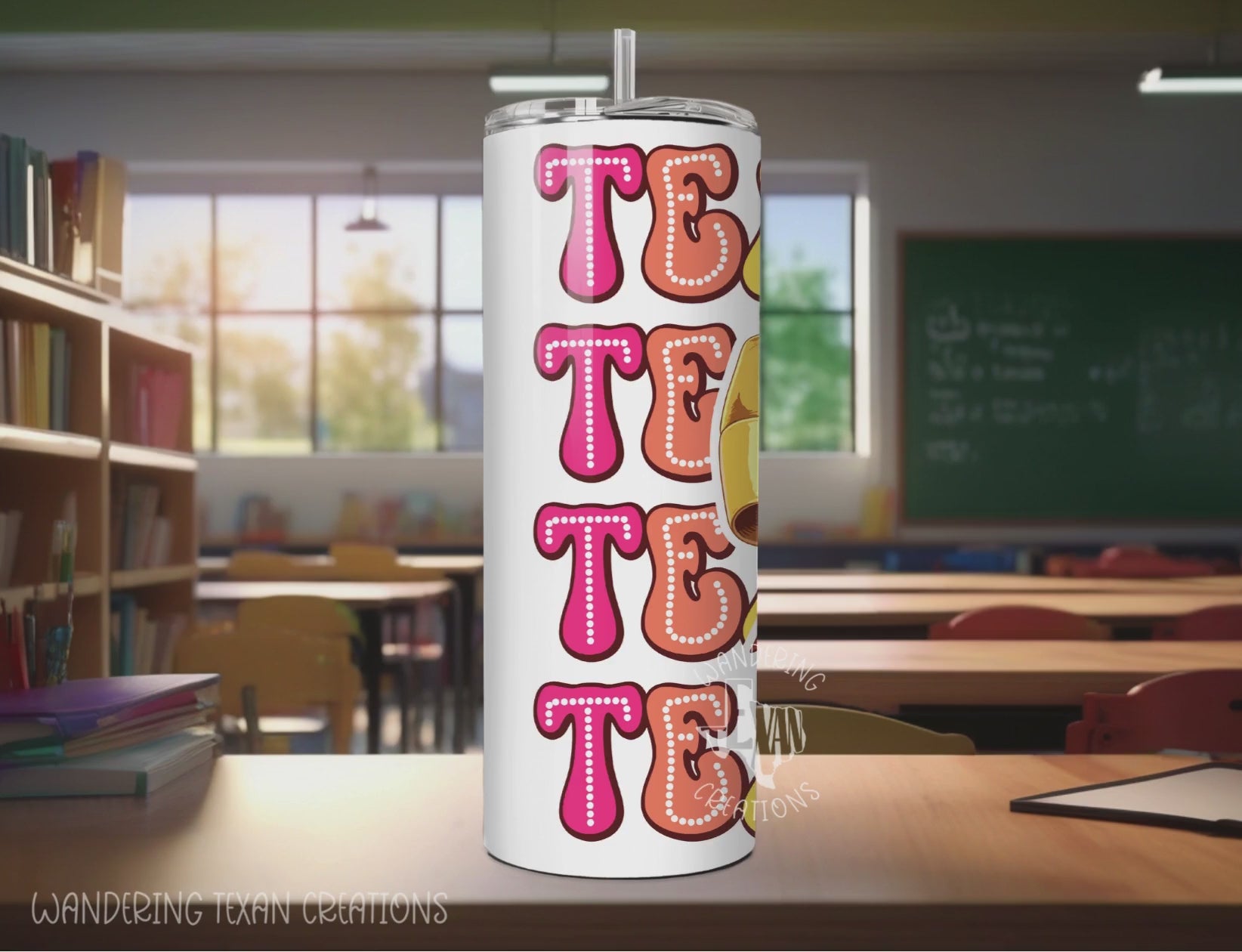 This 30 oz skinny tumbler is perfect for your daily dose of caffeine. Featuring a double-wall stainless steel design and a fun sublimation Teacher print with a pencil bow, it's the perfect gift for your favorite educator.