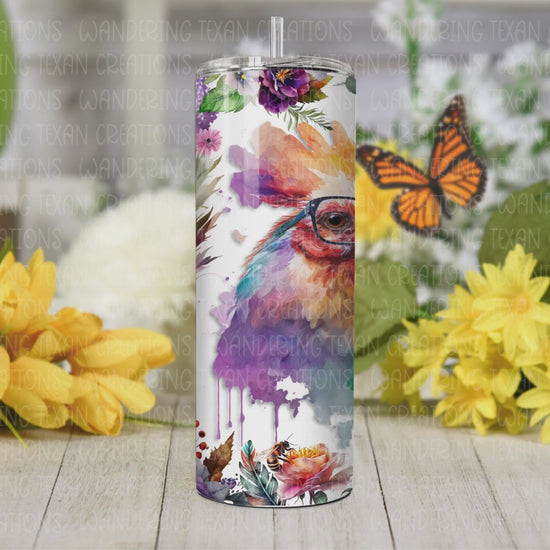 Sip in style with our Mentally Hilarious Tumbler, featuring a quirky rooster wearing glasses and the catchy phrase "I'm not crazy, I prefer the term mentally hilarious" surrounded by flowers.