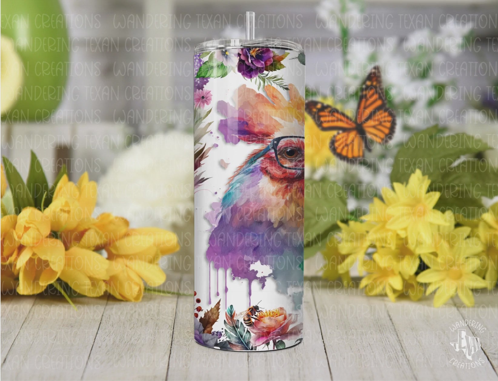 Sip in style with our Mentally Hilarious Tumbler, featuring a quirky rooster wearing glasses and the catchy phrase "I'm not crazy, I prefer the term mentally hilarious" surrounded by flowers.