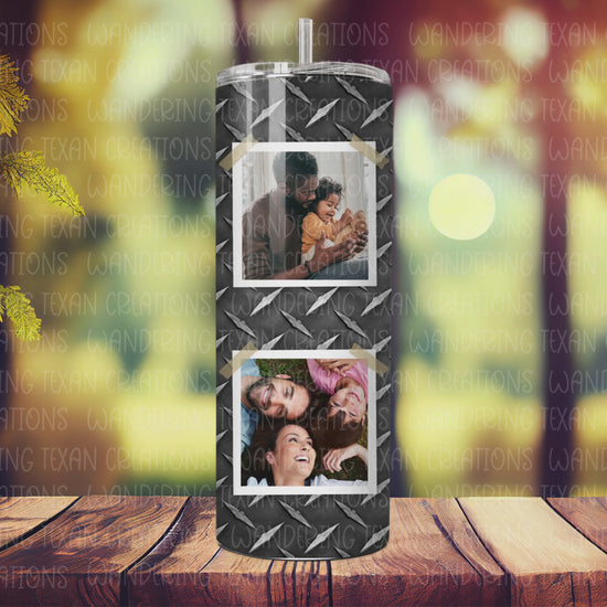 Featuring a customizable design with space for 4 of his favorite photos, this tumbler boasts a sleek diamond plate design.