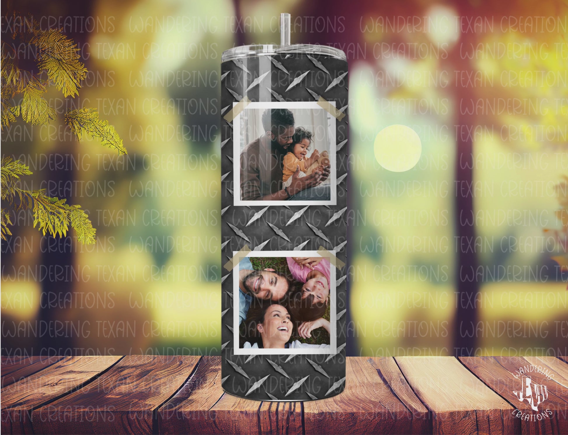 Featuring a customizable design with space for 4 of his favorite photos, this tumbler boasts a sleek diamond plate design.