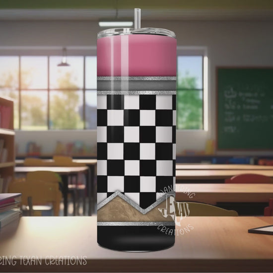 Crafted from durable stainless steel, this 20 oz tumbler is perfect for keeping your drinks hot or cold on the go. Plus, its unique pencil design in black and white or pastel checker patterns adds a fun twist to your daily routine.