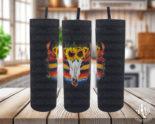 Sip in style with the Serape & Sunflowers Bull Skull Tumbler! Featuring a trendy UV DTF decal, this tumbler will keep your drinks cold (or hot) while showing off your unique personality. 