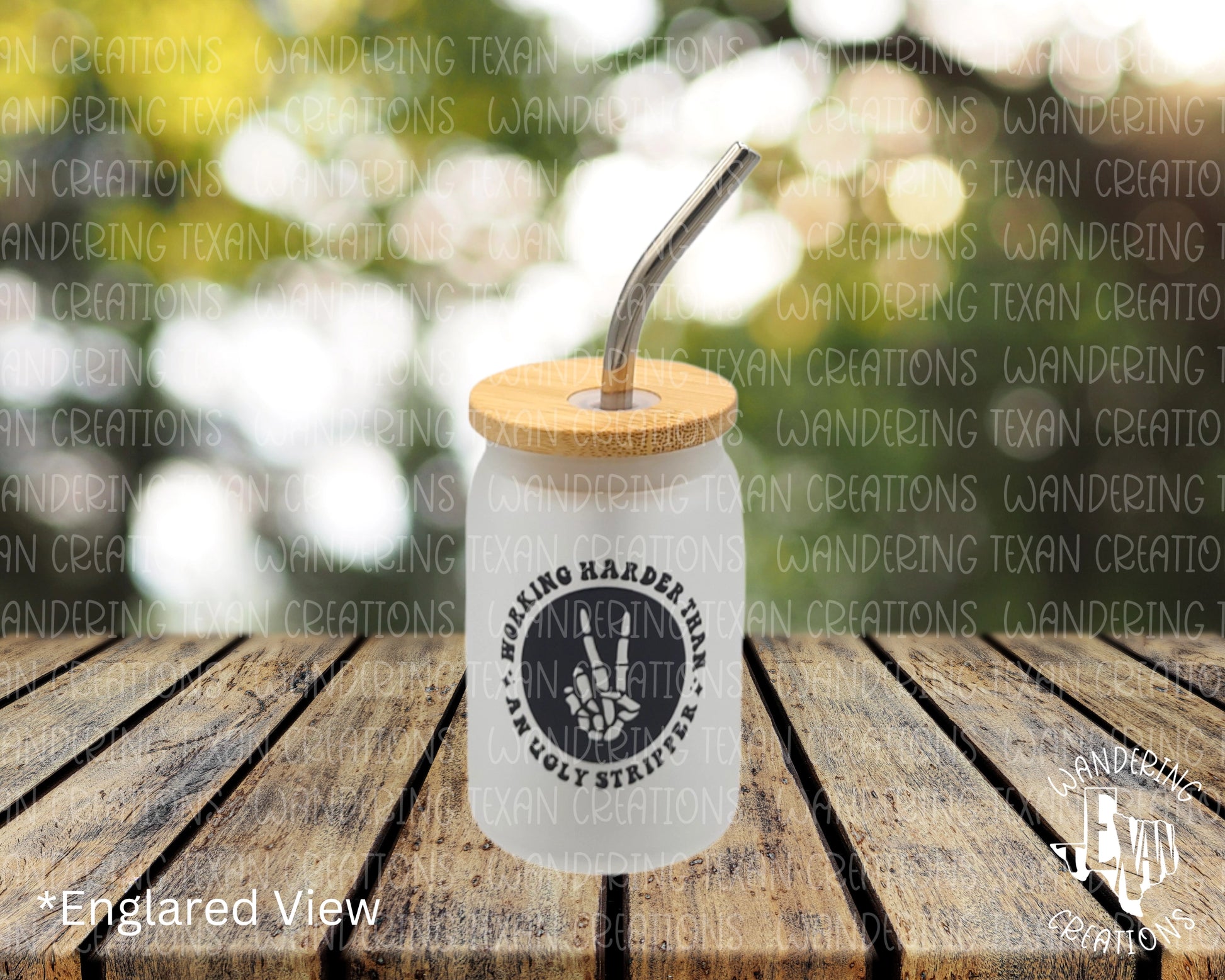 Elevate your drink game with this mini frosted glass tumbler featuring a phrase "Working harder than an ugly stripper" and a skeleton hand giving the peace sign. 