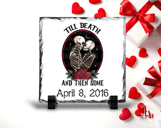 Personalized with your wedding date (mm/dd/yyyy), this square slate features a skeleton couple embracing.