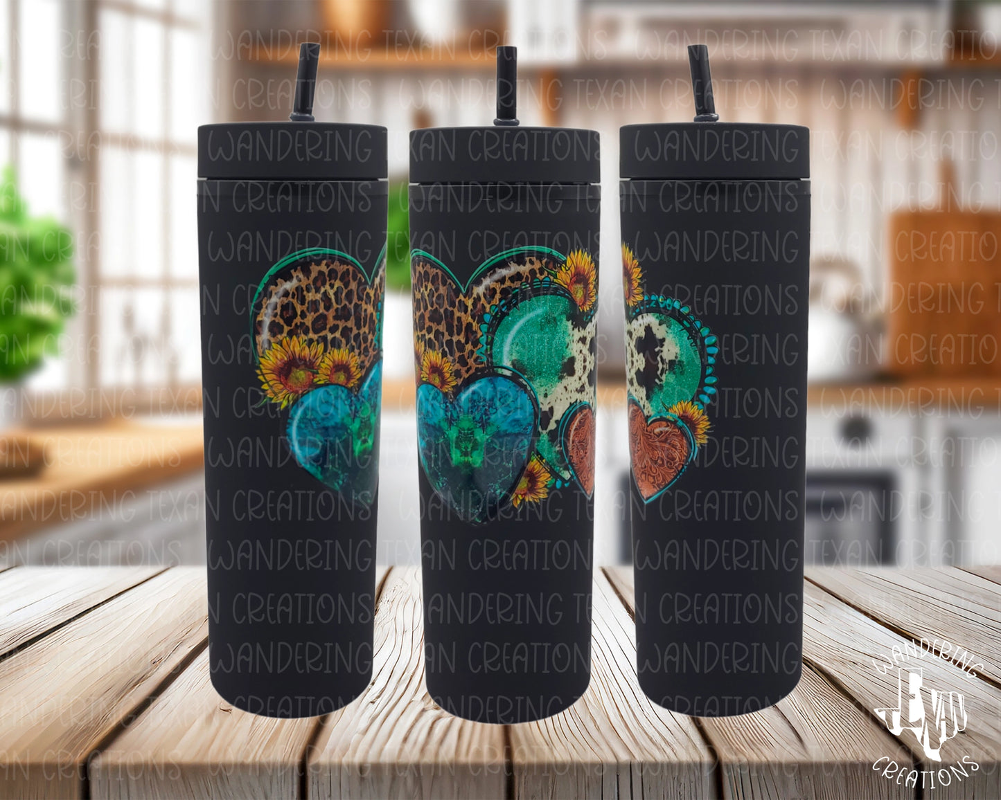 Add a touch of whimsy to your drinkware with our Western Hearts Tumbler! Featuring unique heart designs and charming sunflowers, this tumbler is not only eye-catching but also UV DTF Decal protected for long-lasting use.